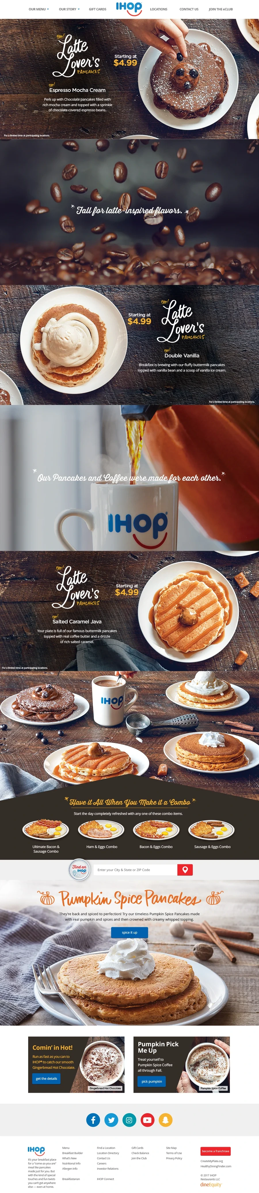 Latte Lover's landing page: Espresso Mocha Cream, Double Vanilla and Salted Caramel Java pancakes, combos and Pumpkin Spice Pancakes
