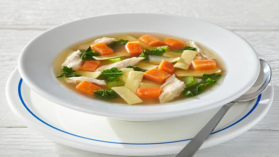 Bowl of chicken noodle soup with carrots and herbs