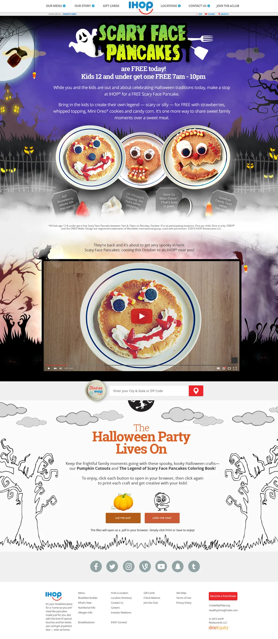 Full Scary Face Pancakes landing page: "Scary Face Pancakes are FREE today! Kids 12 and under", video and Halloween downloads