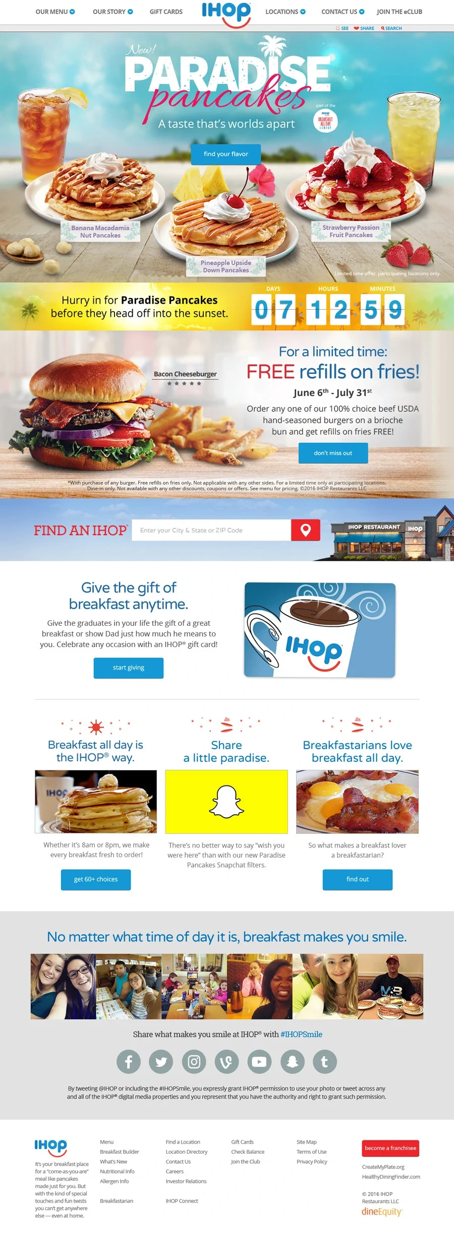 IHOP homepage: Paradise Pancakes hero with a countdown, free fries offer, gift cards and Snapchat promo