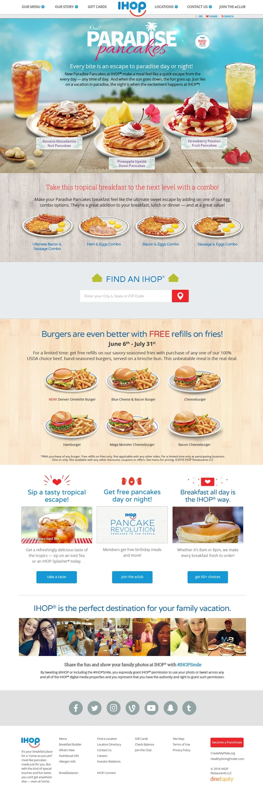 Paradise Pancakes landing page: three tropical pancakes, combos, burgers with free refills on fries and family vacation photos