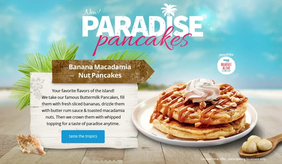 Paradise Pancakes hero featuring Banana Macadamia Nut Pancakes