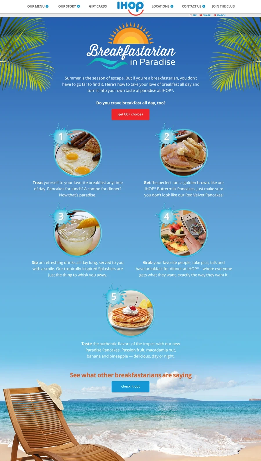 Breakfastarian in Paradise page: beach scene with breakfast dishes and a lounge chair