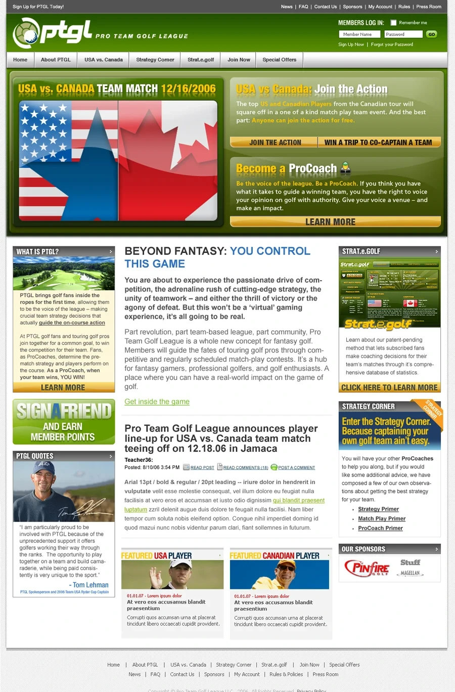 PTGL homepage: USA vs. Canada Team Match feature, Beyond Fantasy intro, news and player sign-up