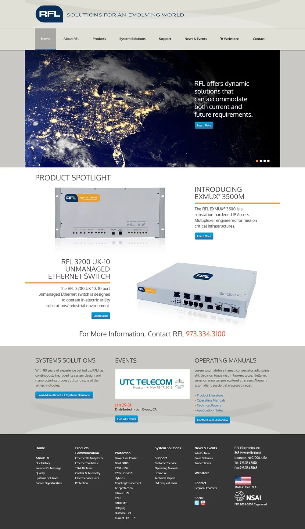RFL website homepage: "Solutions for an Evolving World" hero, product spotlight, systems solutions and events