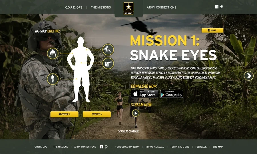 Mission 1: Snake Eyes workout screen with exercise figure and download buttons