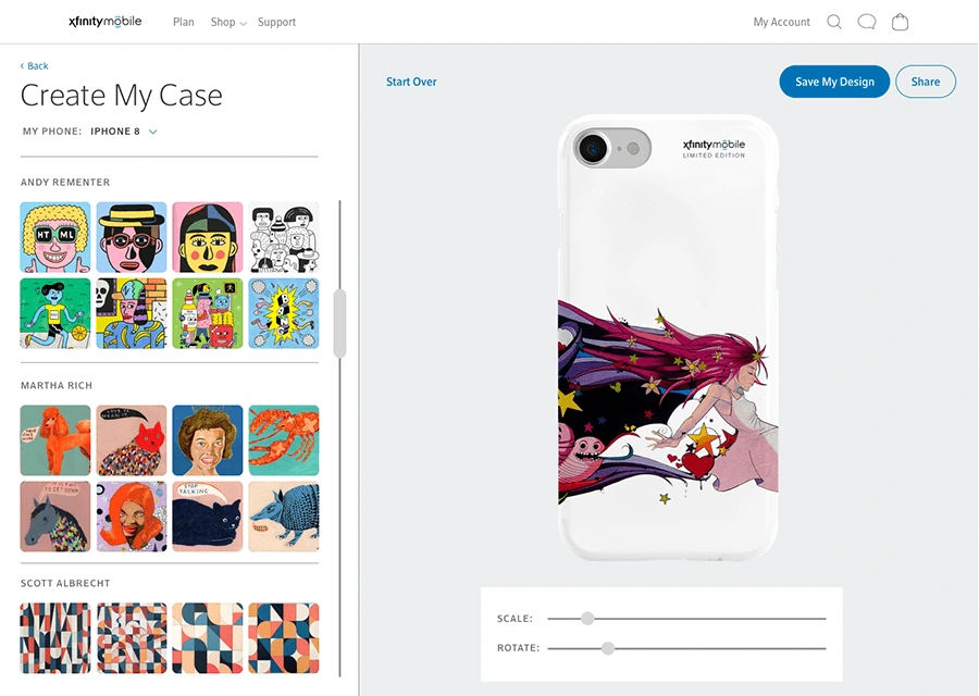Custom case builder: pick an artist design and preview it on the phone