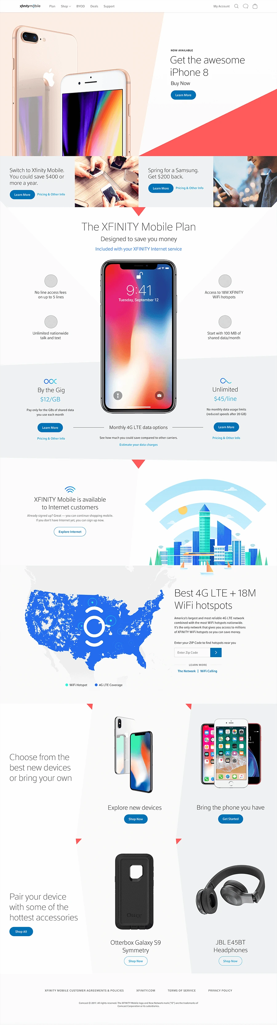 Xfinity Mobile homepage variation: iPhone X hero, By the Gig and Unlimited plans, coverage map, devices and accessories