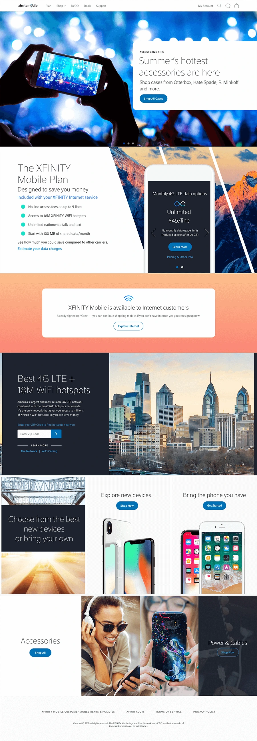 Xfinity Mobile homepage concept: summer accessories hero, Xfinity Mobile Plan, 4G LTE and WiFi hotspots, devices and accessories