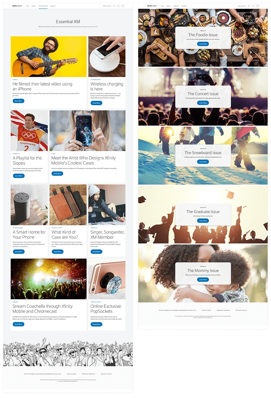 Essential XM content hub and XM Life issues: Foodie, Concert, Snowboard, Graduate and Mommy